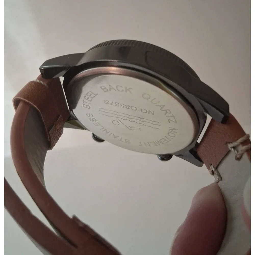 Chronograph Watch Dark Brown face Brown subdials Brown leather strap Working